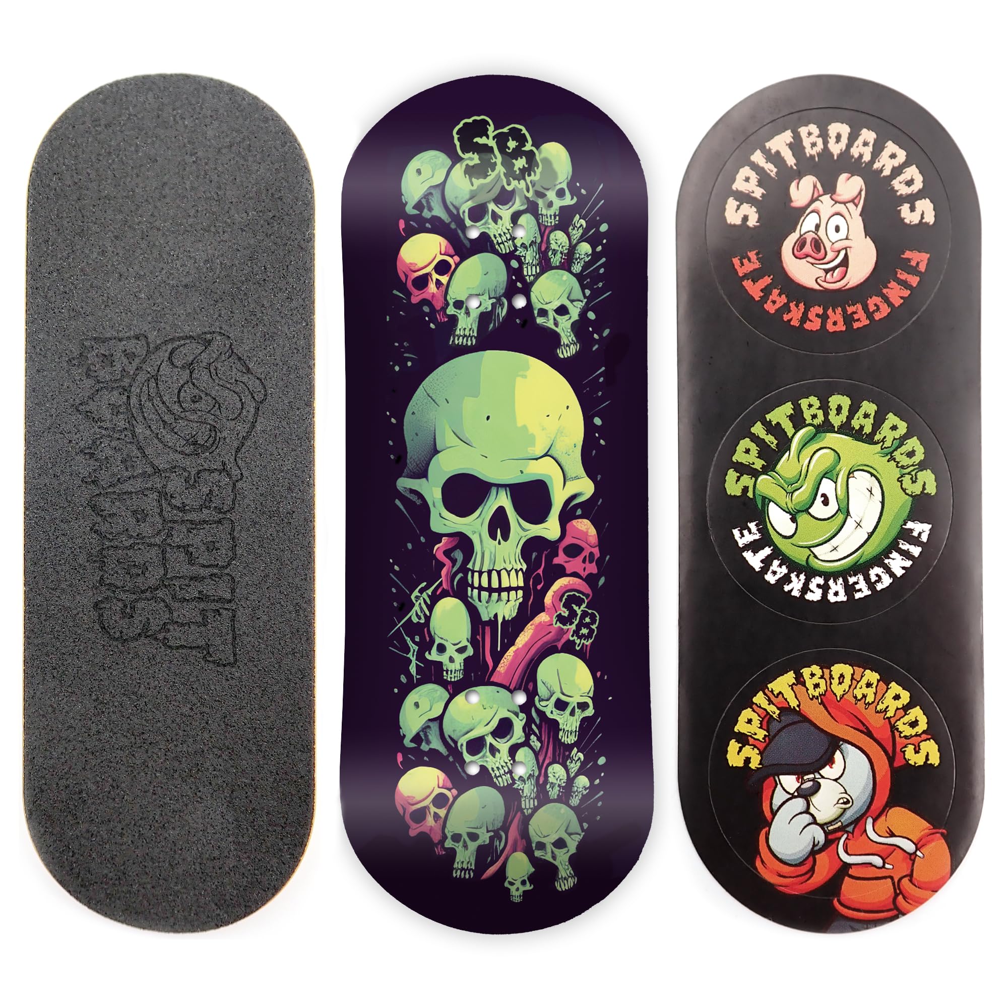 SPITBOARDS® 34mm Fingerboard Deck - Real Wood (5-Layers) Classic Popsicle Street Shape - Size: 34 x 96 mm - Single Graphic Deck (Real Wear) - Optimized Concave - Lime Green Skull