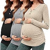 Oakgarden 3 Pack Women's V Neck Maternity Sweaters Long Sleeve Shirts Clothes Pregnancy Henley Tops Ribbed Side Ruched Tunic