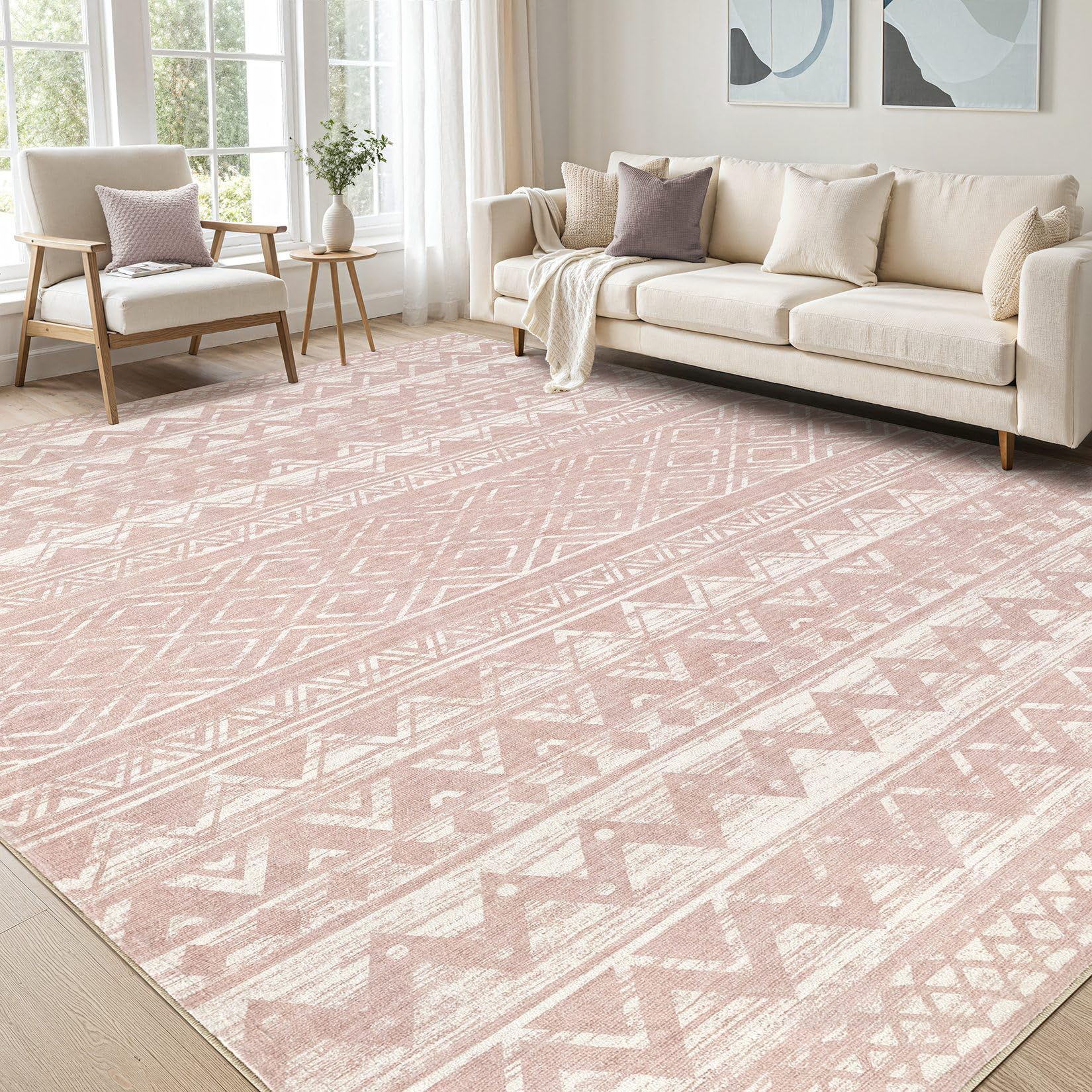 cotiled 5x7 Area Rug for Living Room, Washable Non-Slip Large Area Rug, Indoor Floor Carpet Low Pile Soft Boho Farmhouse Rug for Bedroom Dining Room （Lotus Pink，5x7） Image