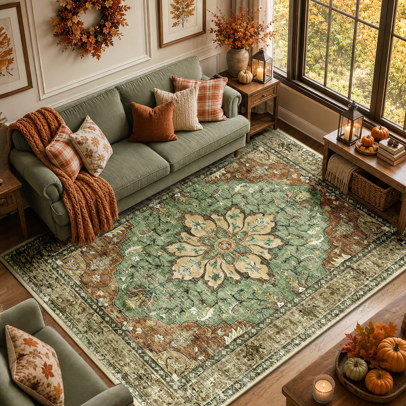 RELEANY Washable Area Rug, 8'x10', Brick/Brown/Green | Non-Slip, Water Repellent, Pet Friendly, Easy to Clean, Vintage Floral