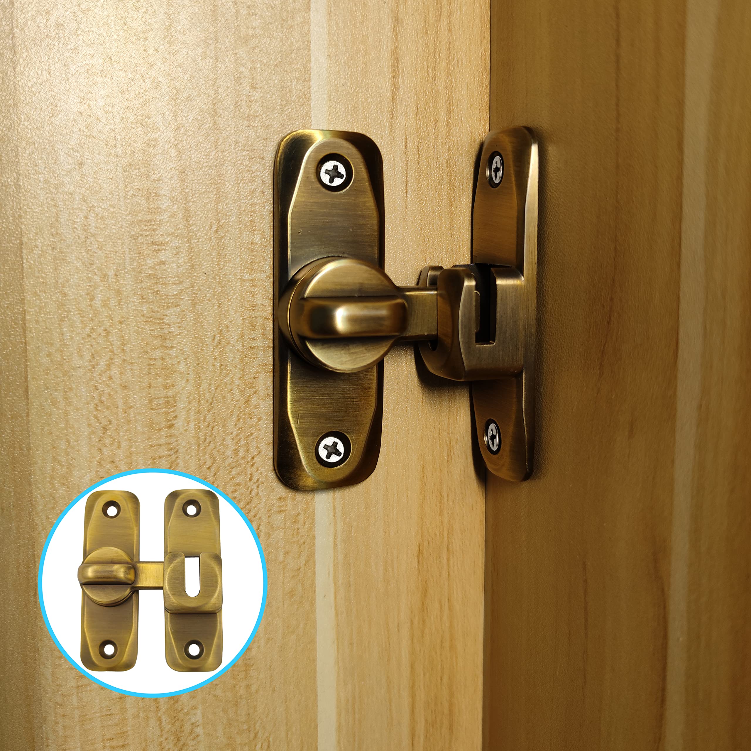 Pexintek 2 Pack 90 Degree All Metal Small Latch, Gate Lock for Sliding and Double Sided Opening Interior Door Vintage Rotate Bolt with Screws for Kitchens, Bedrooms, Bathrooms, Utility Room (Brass)