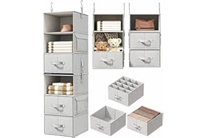 Vailando 6-Shelf Hanging Closet Organizer with 3 Drawers, 2 Separable 3-Shelf Closet Organizers and Storage for Wardrobe Organization, Hanging Dresser for Nursury & Dorm Clothes Organizer