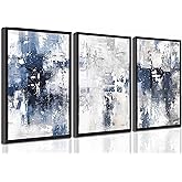 3 Pcs Navy Blue Abstract Canvas Wall Art Modern Minimalist Neutral White Blue and Grey Paintings Pictures Wall Decor Poster Print Artwork for Living Room Bedroom Office Home Decora Unframed