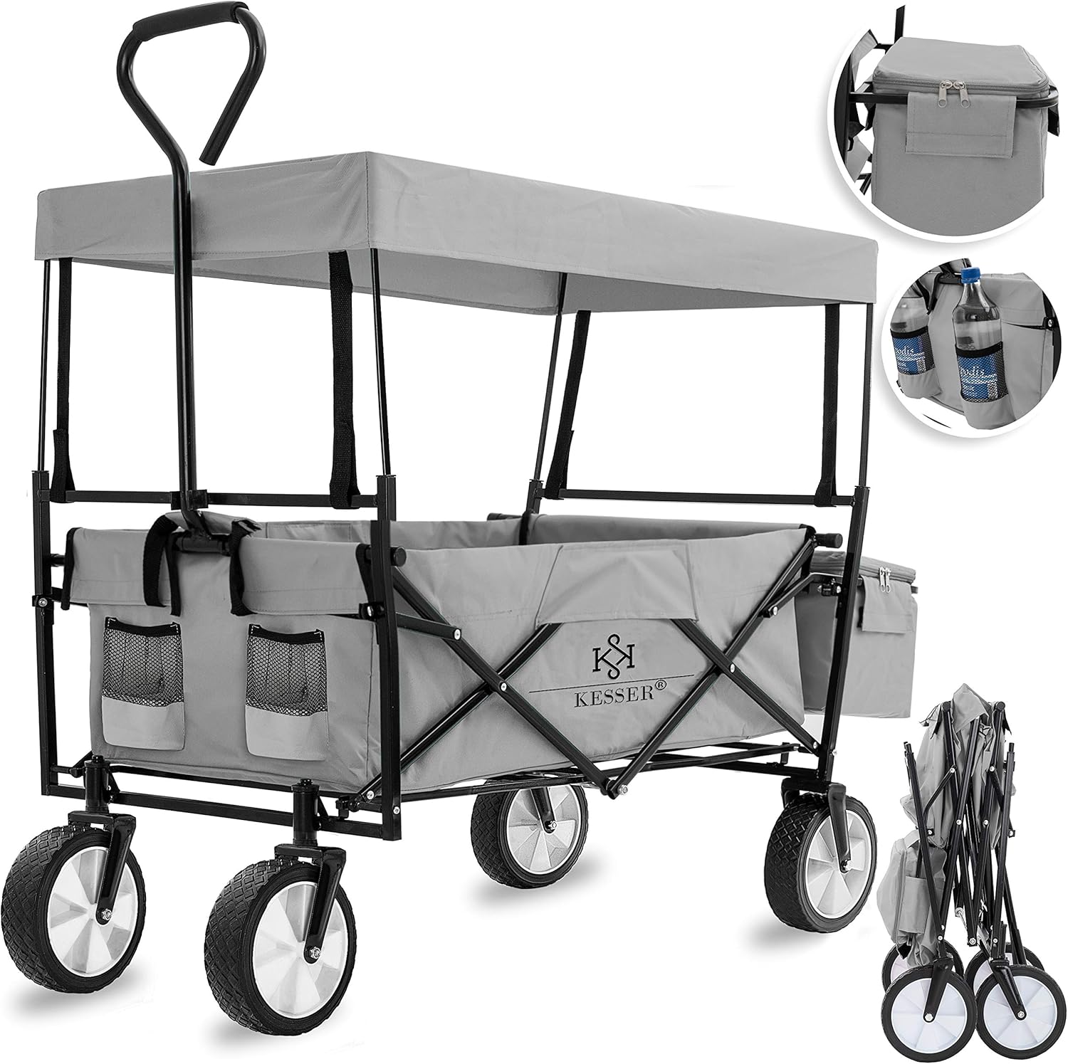 KESSER® Bollerwagen faltbar mit Dach Handwagen Transportkarre Gerätewagen | inkl. 2 Netztaschen und Einer Außentasche | klappbar | Vollgummi-Reifen | bis 100 kg Tragkraft | Grau