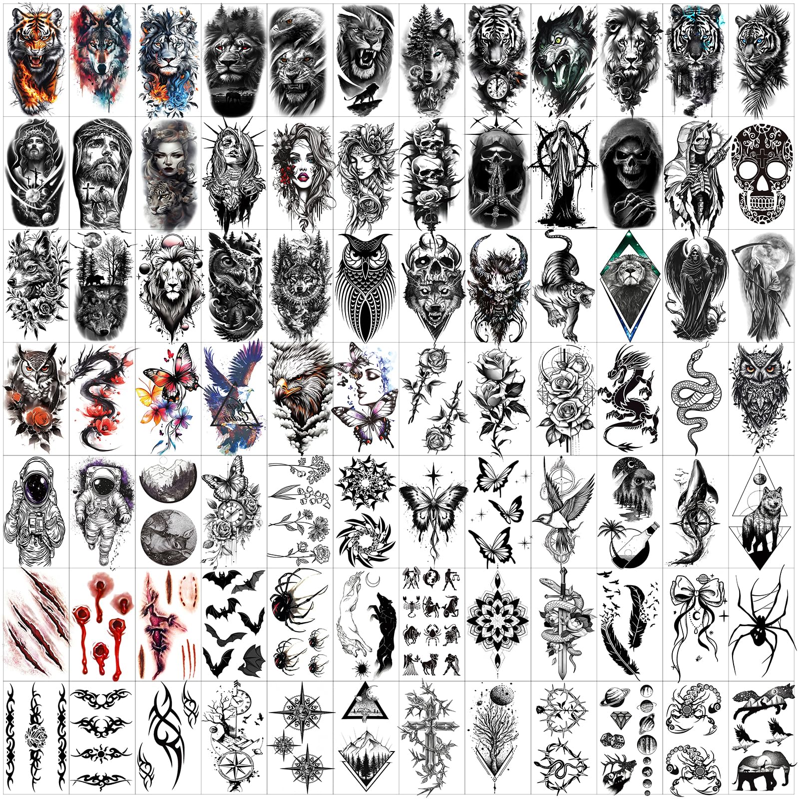Photo 1 of Hotoyannia 102 Sheets Halloween Tiny Temporary Tattoos Stickers, Fake Tattoos That Look Real And Last Long, Halloween Tattoos Include Black Scary Wolf Lion Tiger Skeleton Skull