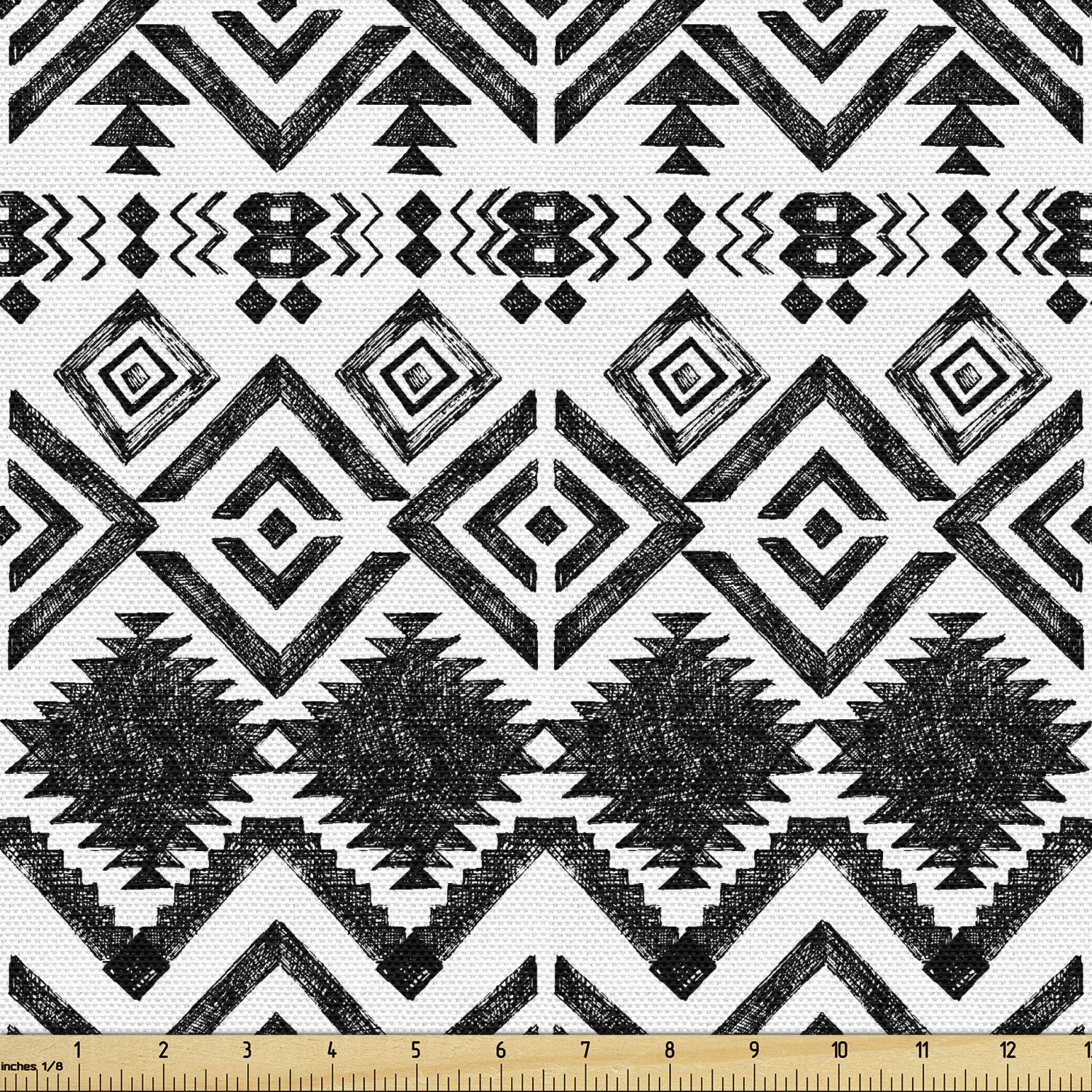 Lunarable Tribal Fabric by The Yard, Hand Drawn Style Ethnic Pattern Geometric and Oranmental Aztec Design Print, Decorative Fabric for Upholstery and Home Accents, 1 Yard, Black and White