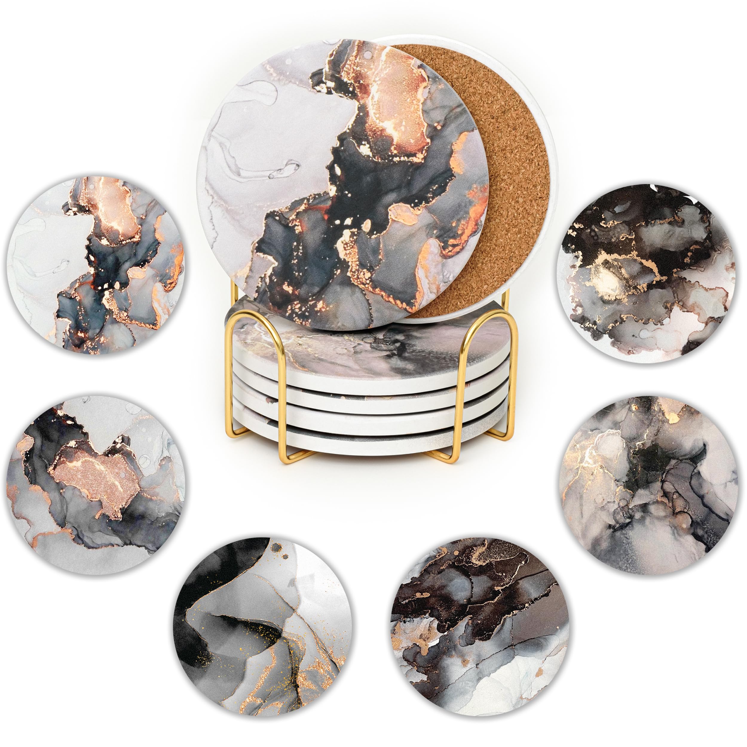 JJ PRIME - Ceramic Coasters Set Of 6 | Absorbent Coasters With Holder | Drink Coasters with Cork Based - Non Scratch, Anti Slip Glass Coasters House Warming Gifts (Black Marble)