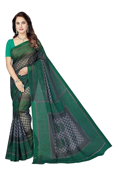 Womens Pure Cotton Printed Saree with Blouse Piece (SSKR5018_Green)