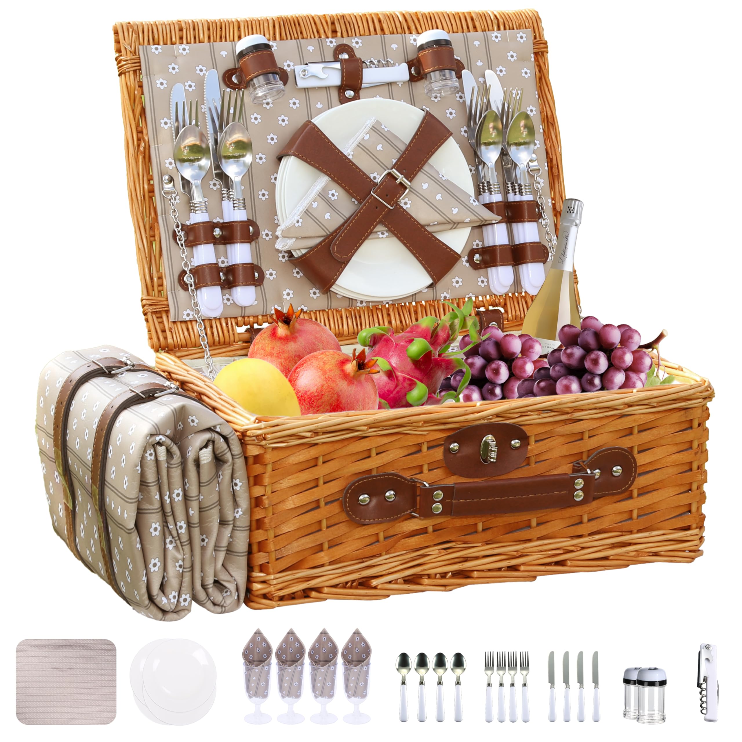 Photo 1 of YPshuye Picnic Basket Set for 4 with Waterproof Blanket Mat Insulation Bag Wicker Floral Brown Classic Fresh for Wedding Birthday Summer Camp Outdoor Camping Beach Travel Christmas