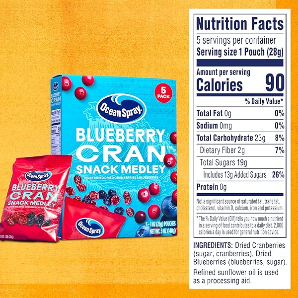 OCEAN SPRAY® BLUEBERRY CRAN™ SNACK MEDLEY, CRANBERRY AND BLUEBERRY DRIED FRUIT SNACK, 1 OZ POUCHES, 5 COUNT