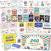 feela Birthday Cards Bulk, 240 Pack 40 Designs Happy Birthday Card Assortment Box with 240 Blank Envelopes, 252 Pieces of Stickers, 9 Washi Tapes, Greeting Cards for Employees Family, 4” X 6”