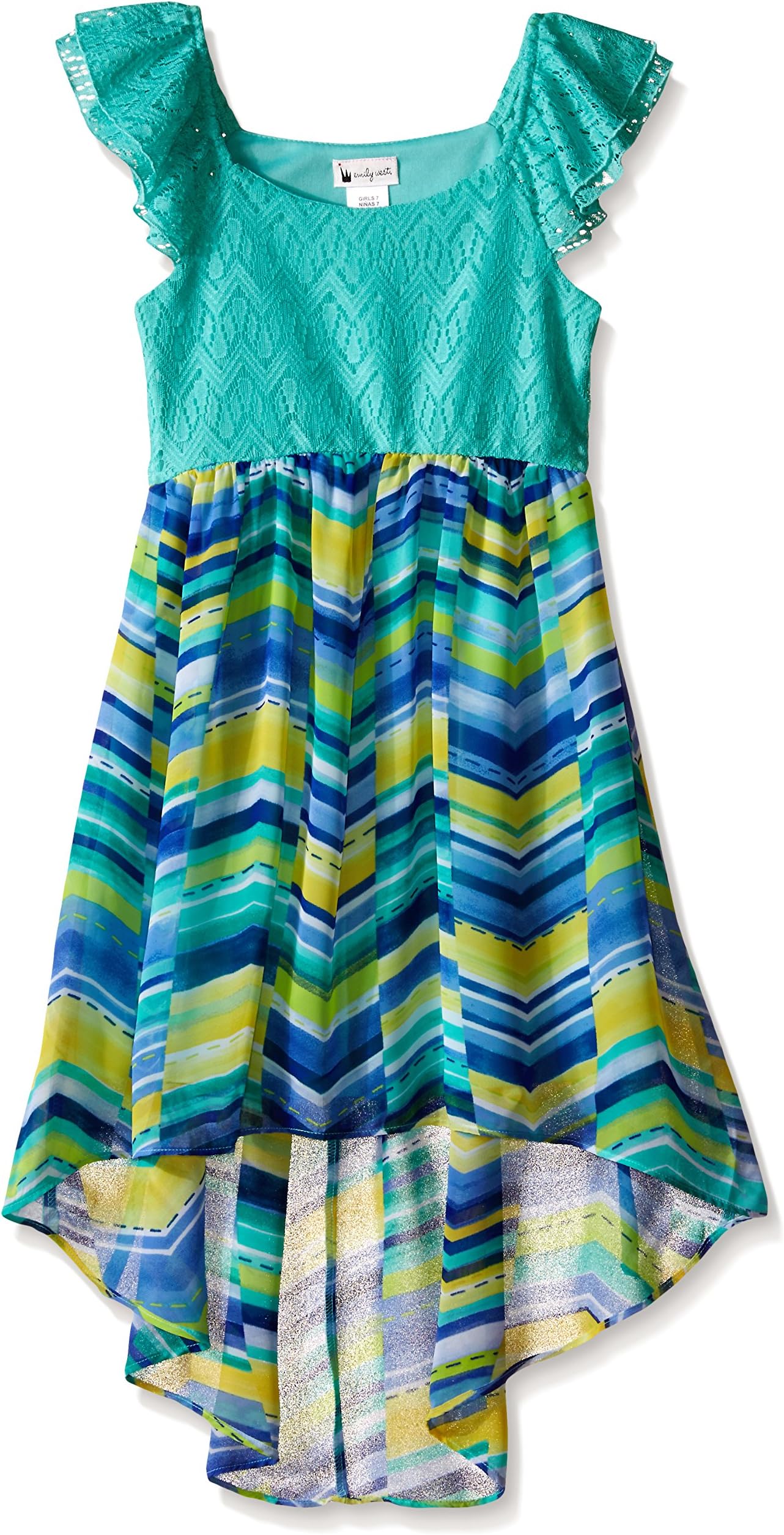 Emily West Girls' Big Crochet Knit Flutter Sleeve Dress with Chevron Chiffon High-Low Skirt