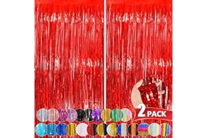 NUWDHP Red Metallic Tinsel Foil Fringe Curtains, 2 Pack 3.3x8.3 Feet Streamer Backdrop Curtains for Birthday Party Decorations, Halloween Decor, Foil Curtain Backdrop for Bachelorette Party