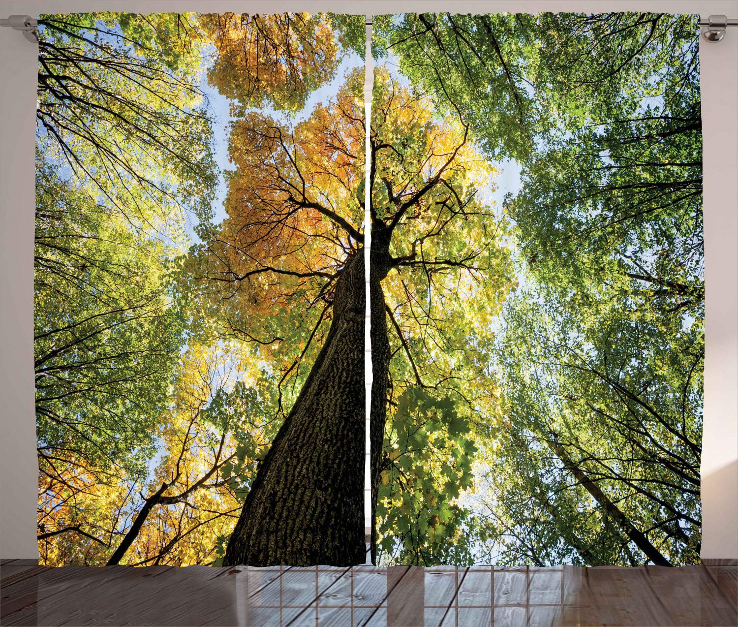 ABAKUHAUS Tree Curtains, Forest in Autumn Green Nature Deciduous Foliage Growth Eco, Living Room Bedroom Window Drapes 2 Panel Set, 280 x 260 cm, Dark brown Light green