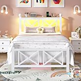 ChicZhiNest Twin Size Bed Frame with Charging Station and LED Lights, Metal Platform Bed with Wood Headboard and Storage Shelf, Underbed Storage, No Box Spring Needed, White