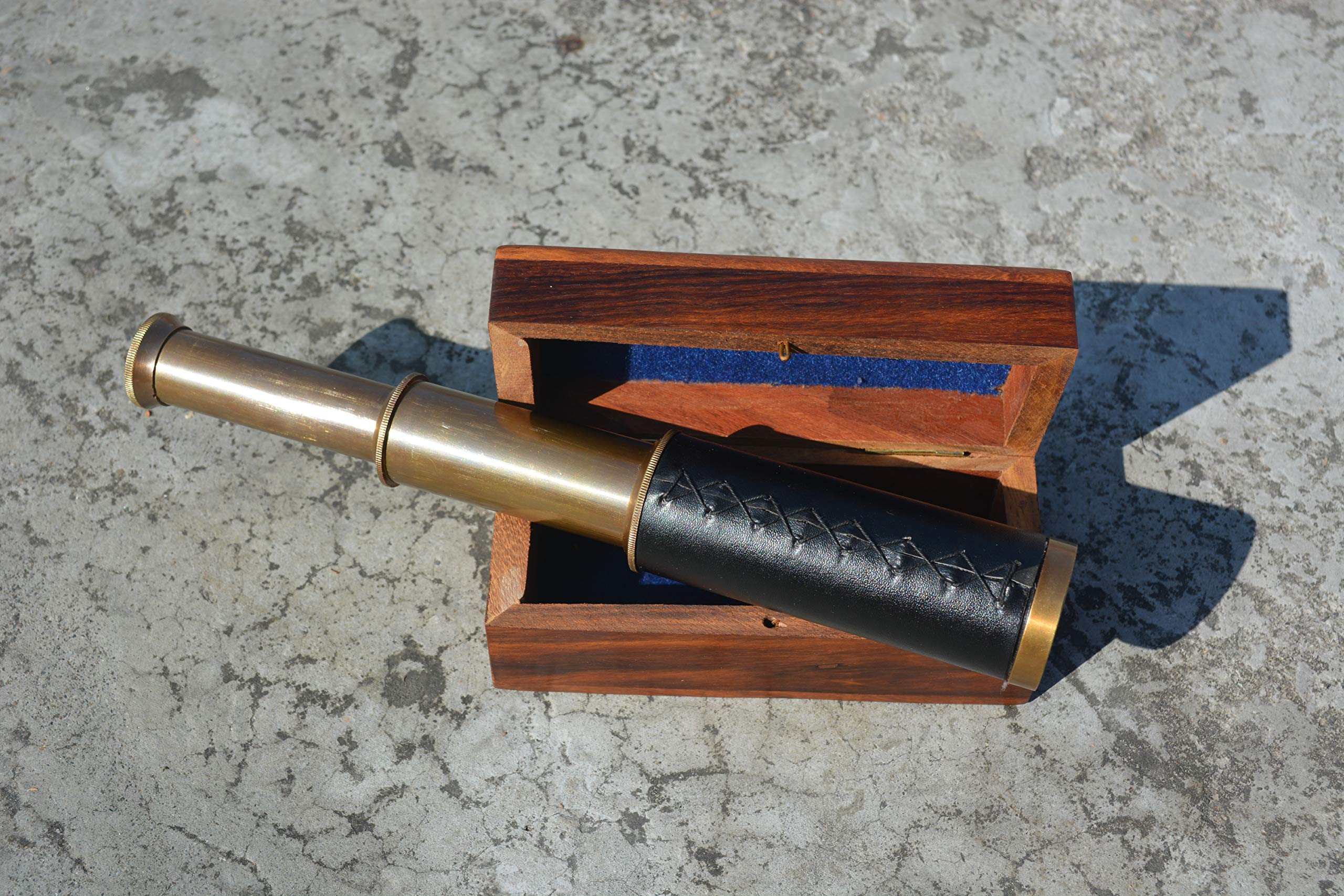 Nautical India 9" Handheld Brass Antique Telescope with Wooden Box - Pirate Navigation