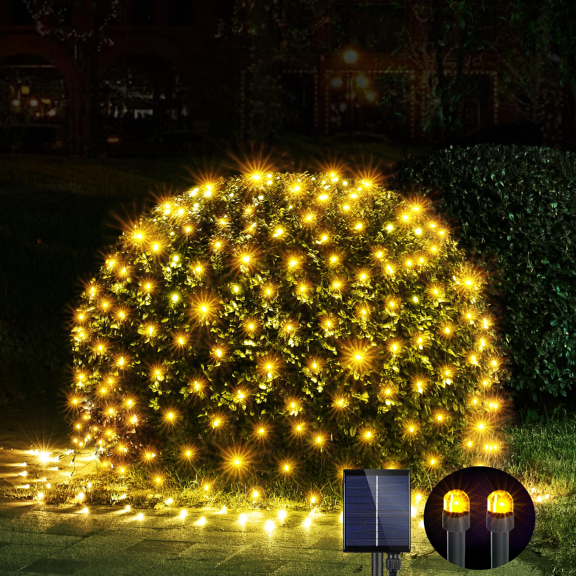 Photo 1 of **INCOMPLETE** WBao Solar Christmas Net Lights 200LED F8 Big Bulbs, 8.4ft x 5.2ft Christmas Bushes Lights with Remote Control, 8 Modes, Timer, Waterproof for Lawn, Bushes, Trees Outdoor Xmas Decorations, Warm White