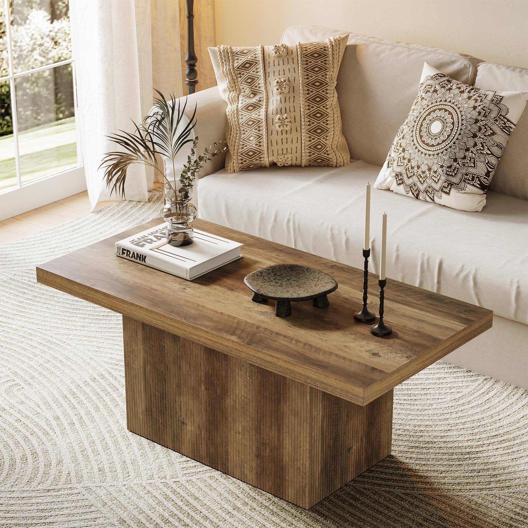 Photo 1 of **HAS DAMAGES/UNKNOWN MISSING PARTS** 47-Inch Large Coffee Table with Pedestal, Living Room Center Table Rectangle Thickened Tabletop, Farmhouse Low Cocktail Tea Furniture for Living Room, Apartments, Rustic Brown