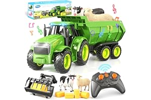 Funwee RC Farm Tractor Toy 2.4GHz w/Light & Music, Kid Truck Toy w/Front Loader & Farm Animal, RC Tractor Trailer Car Vehicle Toy for Boy Girl Age 3 4 5 6 7+ Year Old Christmas Birthday Gift (Green)