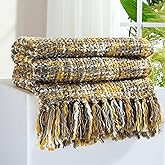 GINAMUSE Multi-Color Gold Cable Knitted Throw Blanket for Couch,50"X60" Boho Style Textured Blankets for Home Decor,Super Soft Warm Cozy Chunky Knit Blanket with Decorative Tassels for Bed and Sofa