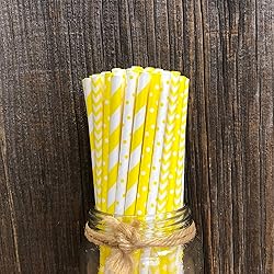 Yellow and White Paper Straws - Stripe Chevron