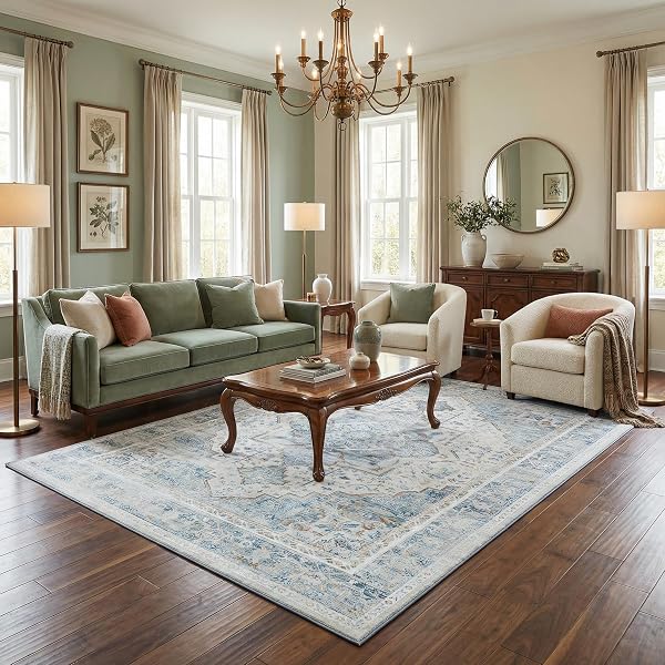 5X7 WASHABLE VINTAGE AREA RUG – DISTRESSED LIVING ROOM RUG NON-SLIP SOFT INDOOR CARPET STAIN RESISTANT FLOOR RUG FOR BEDROOM PLAYROOM DINING ROOM OFFICE, BLUE