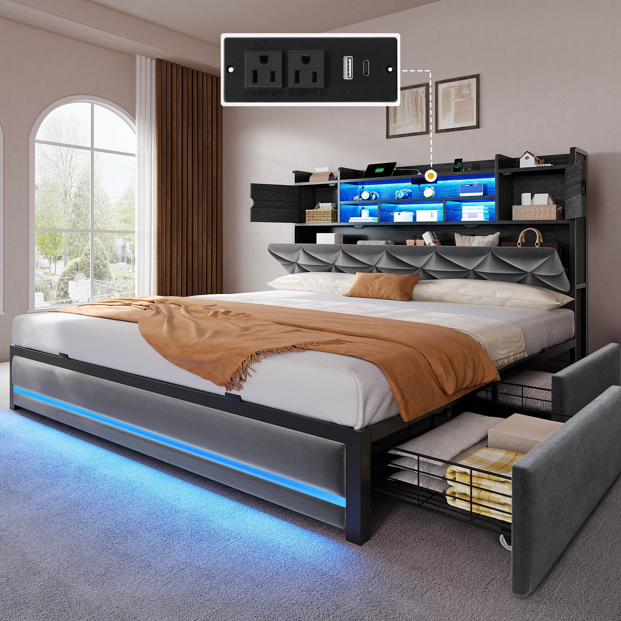 Photo 1 of ***MBOX 2 OF 2 ONLY***DWVO Queen Size Bed Frame with RGB LED Lights & Storage Bookcase Headboard, Upholstered Bed with Charging Station and 4 Drawers, No Box Spring Needed, Easy Assembly, Noise-Free, Velvet Grey