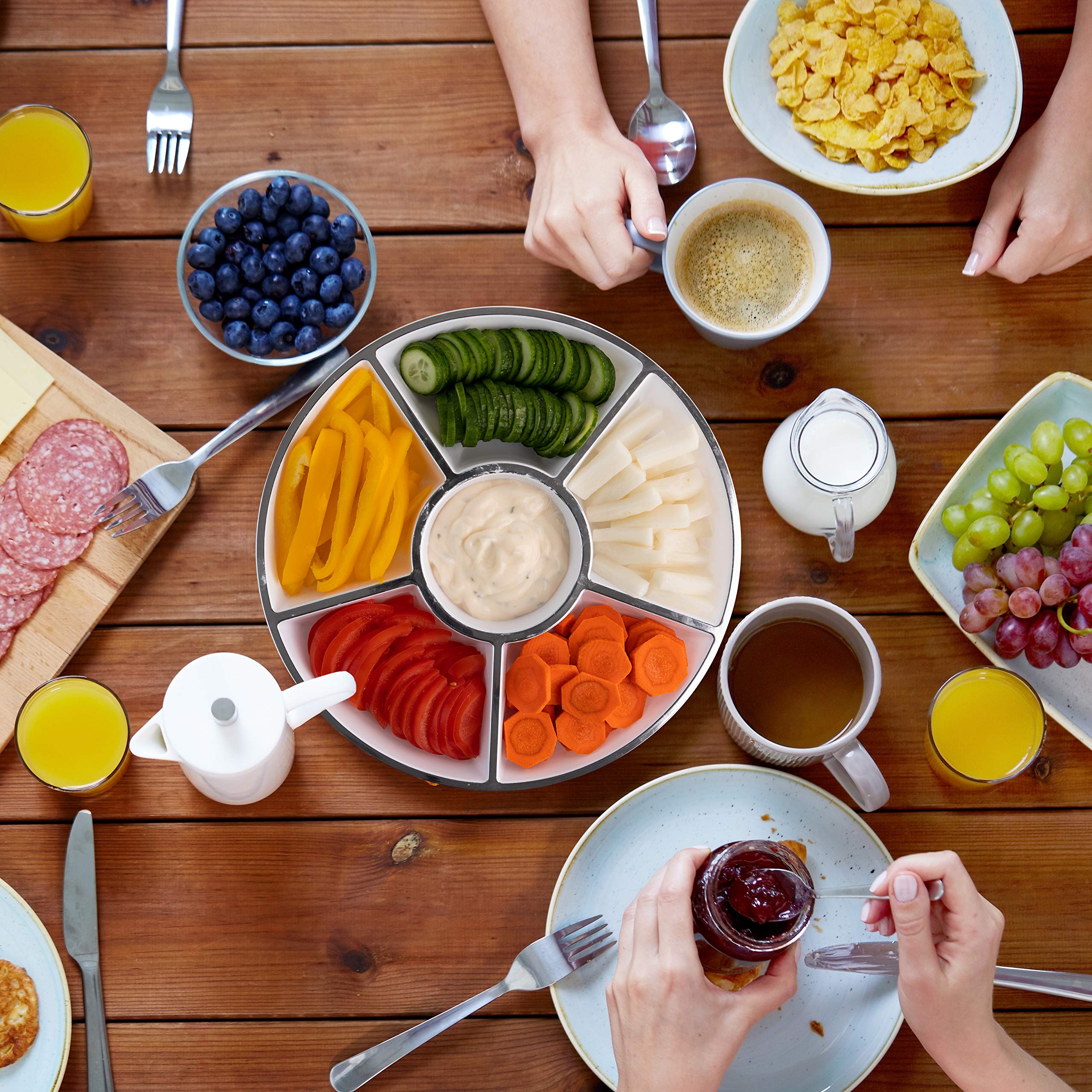 PLASTICPRO Sectional Round Plastic Serving Tray/Platters White Silver  Pack of