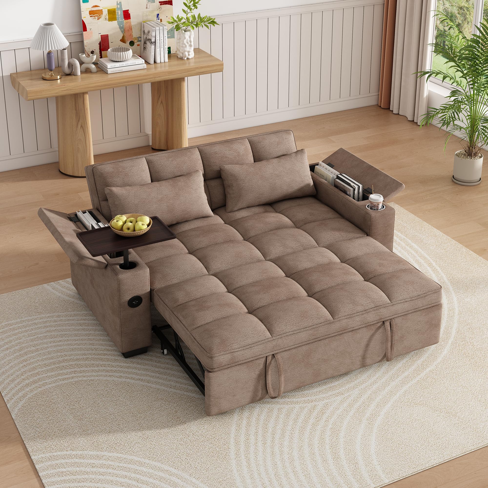 View 1 of **MISSING SOME CUSHIONS/COMES WITH 2 BOXES***KEIKI 65'' 3-in-1 Folding Convertible Sofa Bed, Space-Saving Pullout Couch with 90° Swivel Table, Storage Armrests & USB Ports, Multifunctional Furniture for Apartment or Condo