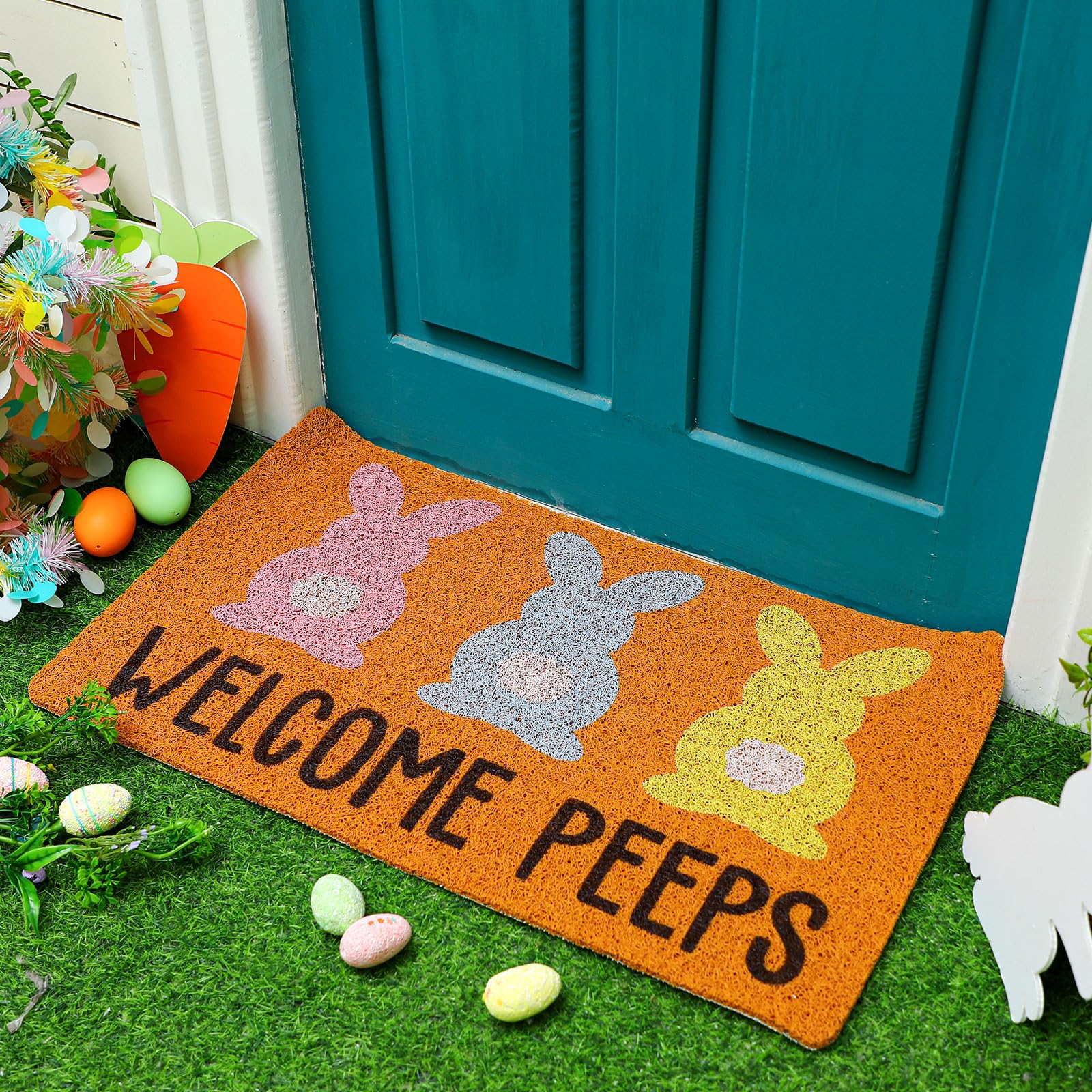 Drydiet 2 Pcs Welcome Doormat Set Spring Easter Day Imitation Coconut Coir Door Mat Spring Welcome Mat Outdoor Entrance Non Slip Doormat for Easter Day Porch Entry Staircase Bathroom Decor - Image 4