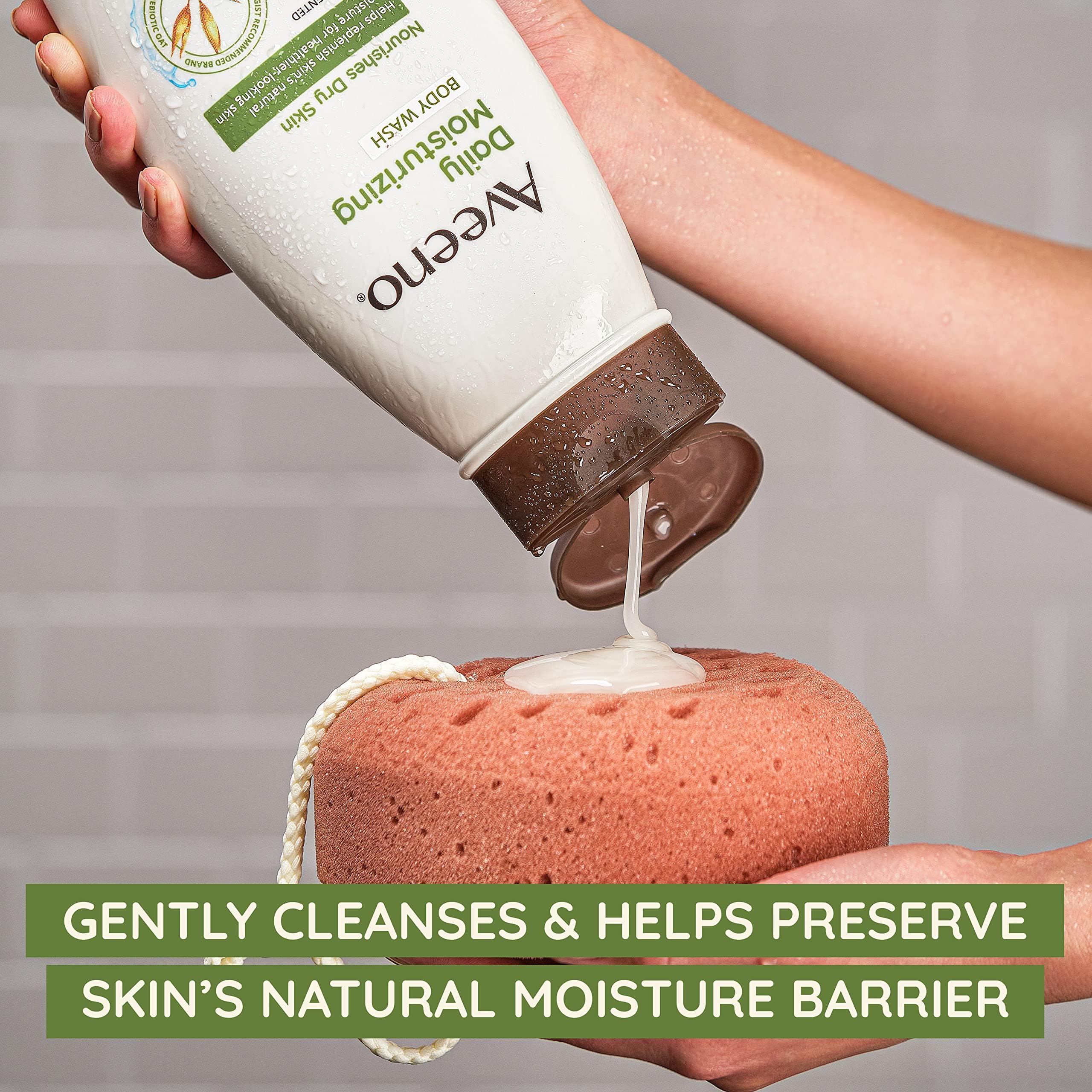 Aveeno Daily Moisturizing Body Wash for Dry & Sensitive Skin + Prebiotic Oat, Oat Body Wash & Gently Cleanses, Nourishes & Feels Hydrating on Dry Skin, Gentle & Light Fragrance, 18 fl oz