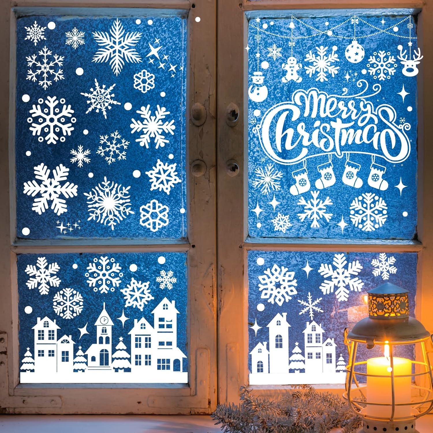 Window Treatments - Joy Bang Christmas Window Clings 10 Sheets White Christmas Window Stickers Merry Christmas Window Decals White Snowflake Christmas Tree Xmas Window Clings for Christmas Party Decorations