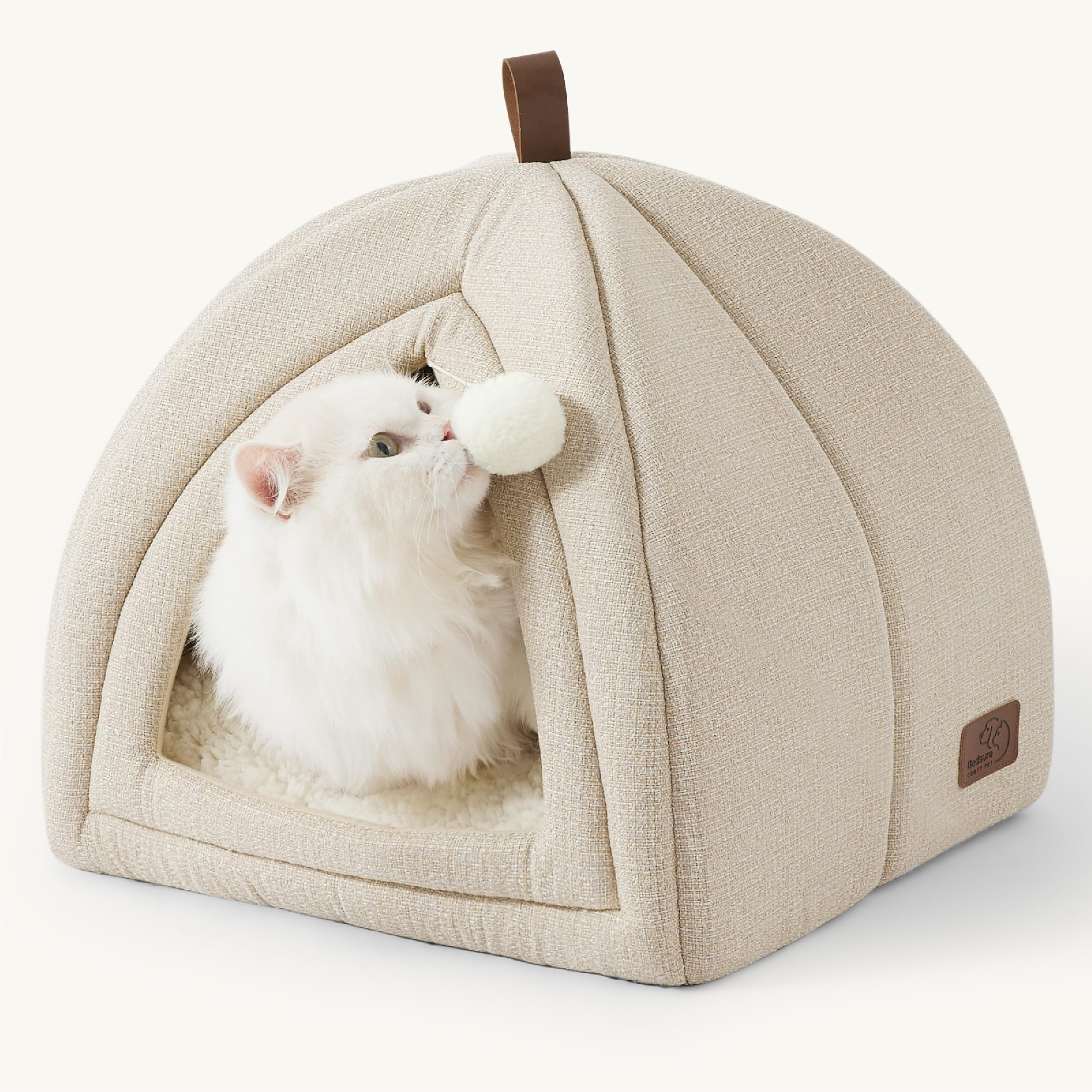 Photo 1 of Bedsure Cat Beds for Indoor - 2 in 1 Cat Cave House Tent for Kittens and Small Pets with Removable Washable Cushioned Pillow, Foldable Kitten Hideaway with Non-Slip Bottom, Beige, 16 inches