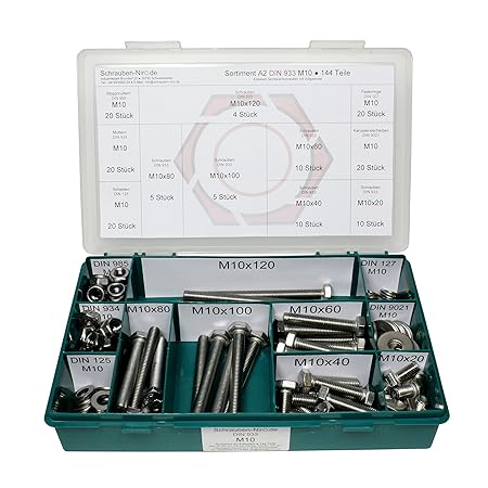 Sortiment M10 DIN 933 Edelstahl A2 (V2A) Sechskantschrauben mit Gewinde bis Kopf - Set bestehend aus Schrauben, Unterlegschei