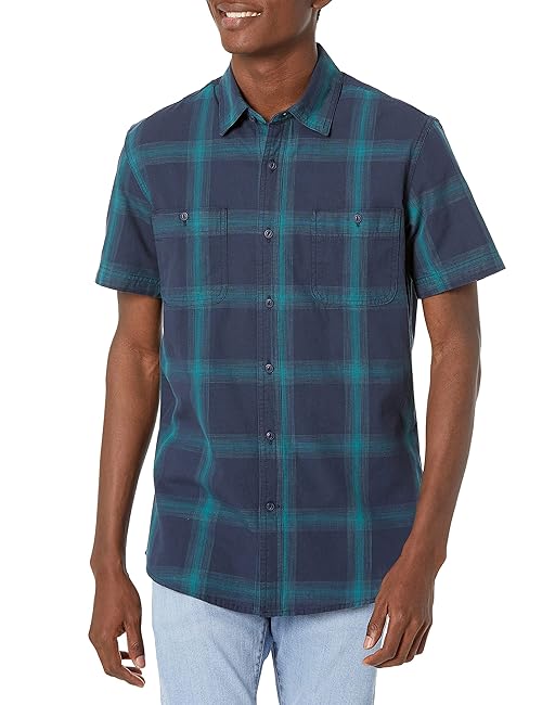 Amazon Essentials Men's Regular-Fit, Short-Sleeve Button-Down Chambray Shirt - Navy Gradient Stripes, X-Large