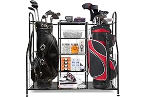 Morvat Golf Organizer Extra Large Double Metal Black Stand Perfect Way to Store & Organize Your Golfing Bags, Clubs, Balls, Gadgets, Accessories & Equipment in Shed, Basement, and Garage