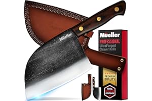MÜELLERHOME Mueller Outstanding Ancient Forged Serbian Meat Cleaver Knife 6.7” Full Tang, High-Carbon Steel Chef Knife, Pakkawood Handle, Kitchen Knives, Set with Leather Sheath, Butcher