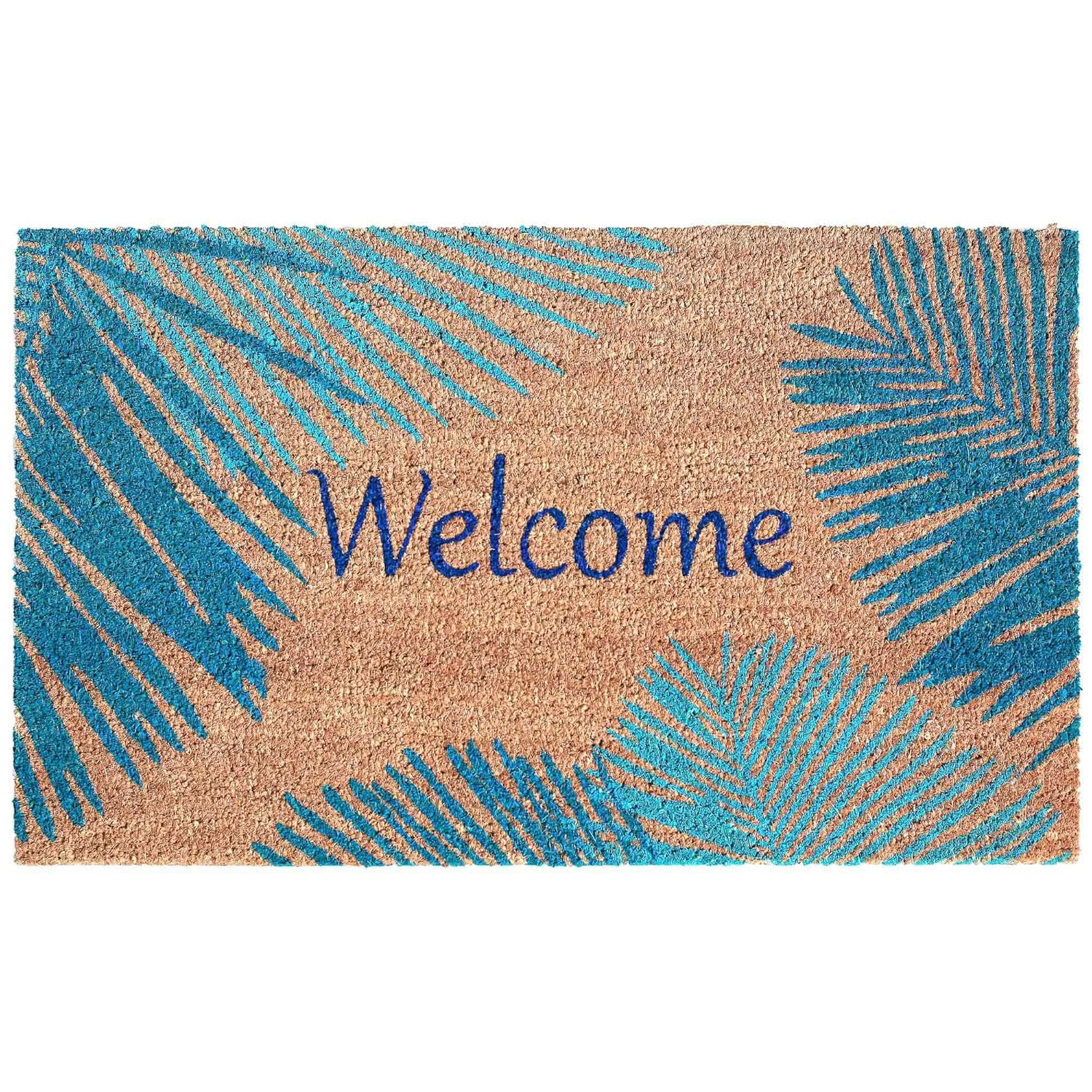 Liora Manne Natura Tropical Palm Border Blue Outdoor Welcome Coir Door Mat, 18" X 30"