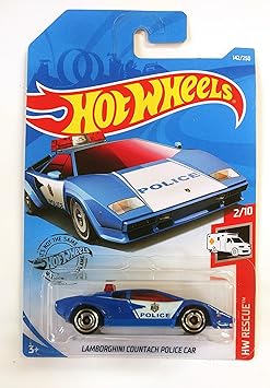 Hot Wheels 2019 Lamborghini Countach Police Car HW Rescue Blue 142/250, Long Card by Mattel