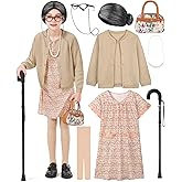 FancyFun 8 Pieces Old Lady Costume for Girls, 100 Days of School Costume for Kids Grandma Wig Granny Dress Cosplay Outifits