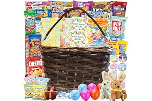 SARAH'S CANDY FACTORY Easter Brown Oval Willow Basket (70 ct) Filled with Treats, Snacks, Candy, Peelable Gummies, Marshmallow Gummies, Bunny and More, Great Package for Family, Friends, Boys and Girls