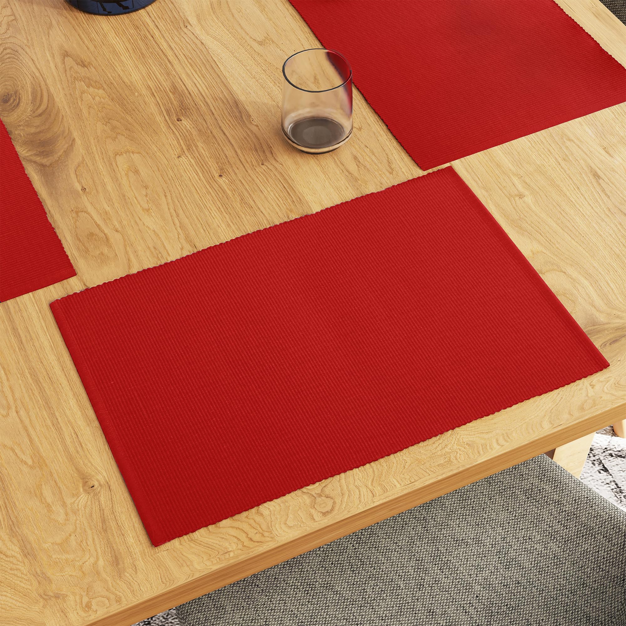Encasa XO Dining Placemat Set of 6 | Solid Solid Red Color | Fine Ribbed Cotton Table mat | Size 19x13 in | Machine Washable — image 1