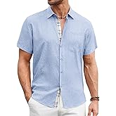 DEMEANOR Mens Linen Shirts Short Sleeve Wrinkle Free Untucked Shirt Casual Summer Beach Wedding Button Down Top with Pocket