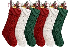NACKIY 6Pack Personalized Christmas Stockings with Leather Custom Self-Adhesive Name Tags, 18 Inches Cable Knitted Stocking for Family, Xmas Holiday Party Gifts & Decoration for Fireplace(White&Red&Green)