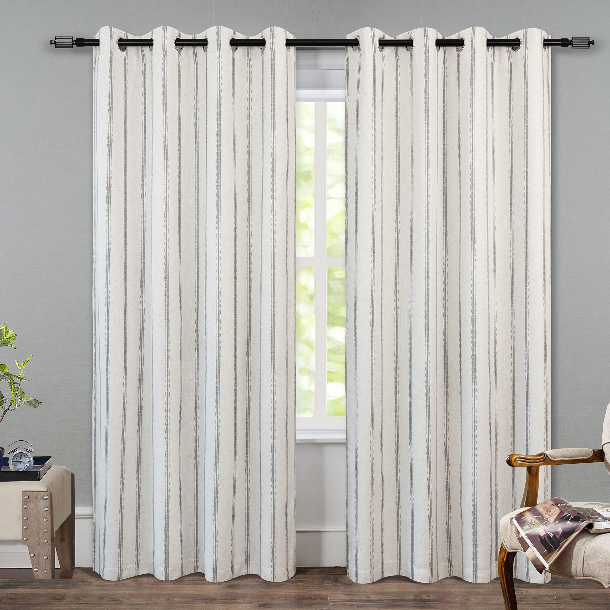 Photo 1 of DriftAway Farmhouse Linen Blend Blackout Curtains 84 Inches Long for Bedroom Vertical Striped Printed Linen Curtains Thermal Insulated Lined Treatments for Living Room 2 Panels W52 x L84 Grey