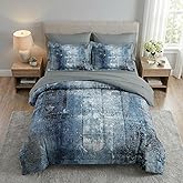 WeCozy 7 Pcs Full Size Comforter Set with 2 Pillowcases & 2 Shams, Navy Indigo Blue Bedding for Kids and Adults, Contemporary Abstract Gray Bed in a Bag with Flat Fitted Sheet