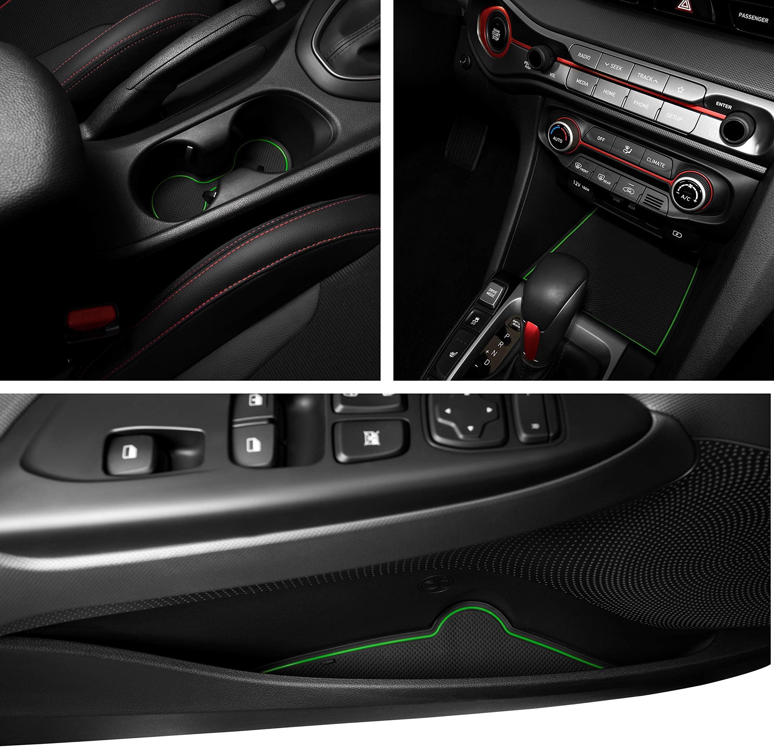 Custom Fit Cup, Door, Console Liner Accessories Kit for Hyundai Veloster 2019 2020 2021 (Green Trim)