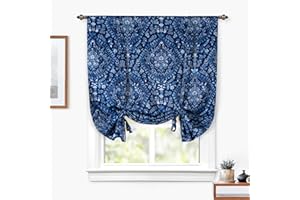 DriftAway Fleur Floral Damask Medallion Printed Pattern Blackout Tie Up Curtain for Kitchen Thermal Insulated Tie Up Shade for Bedroom Adjustable Balloon Rod Pocket 45 Inch by 63 Inch Navy Blue