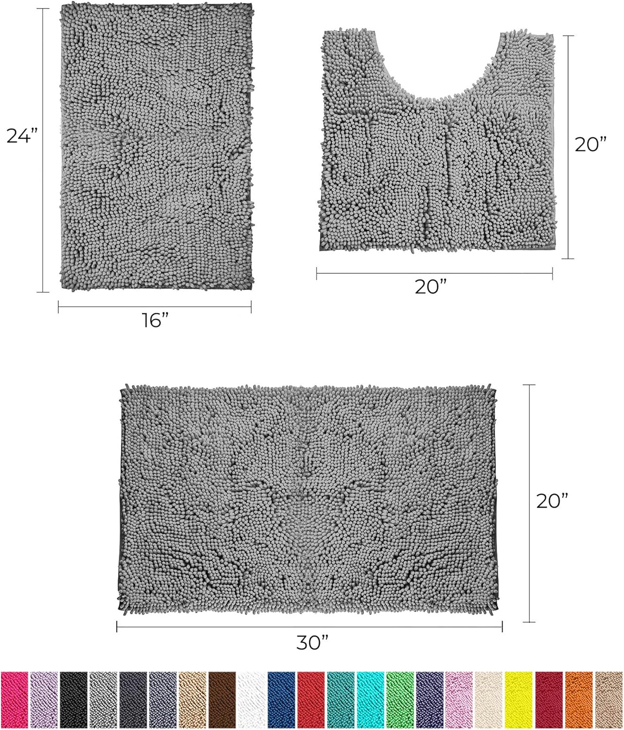 LuxUrux Bathroom Rugs 3 Pieces Set Grey, Non-Slip Shaggy Bathroom Mat Set, Includes U-Shaped Contour Toilet Mat, 20 x 30'' and 16 x 24'' Bath Mat, Machine Washable (3 Pc Set - Style A, Light Grey): Kitchen & Dining