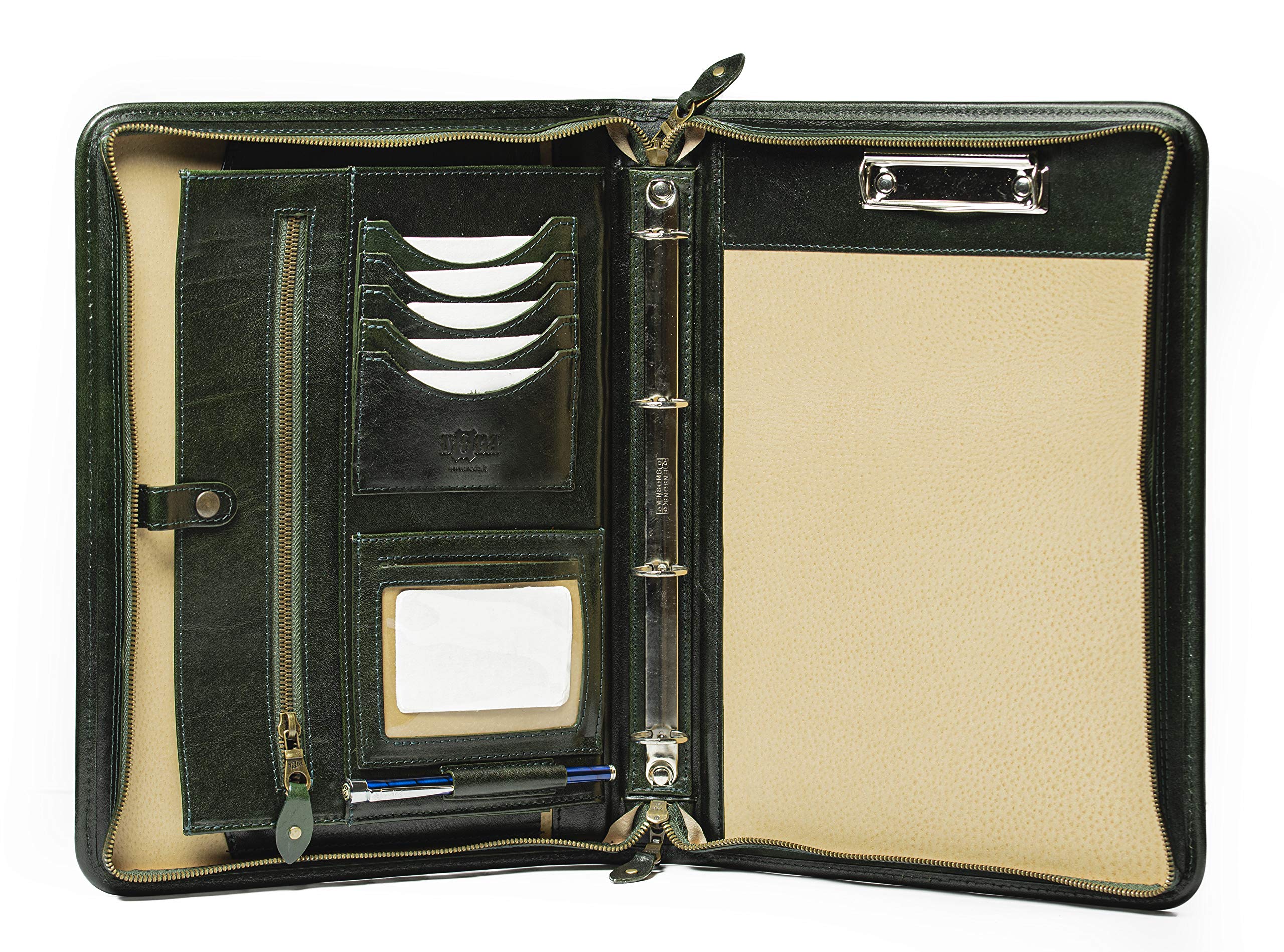 Noda Executive Leather Padfolio 4 Ring Binder Professional Business Portfolio w/Zippered Closure | Resume, Document, Notepad, Tablet, Writing Pad Organizer | Men, Women Clipboard (Green)